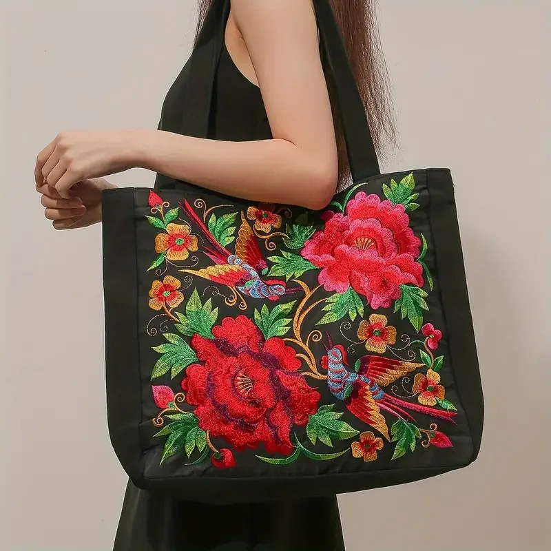 Ethnic Style Flower Embroidery Canvas Tote Shoulder Bag Large Capacity Handbag For Women