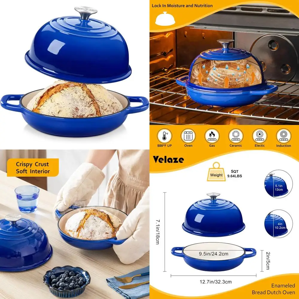 

5 Quart Blue Round Enamel Cast Iron Dutch Oven with Dome Lid for Bread Baking, Roasting, and Braising