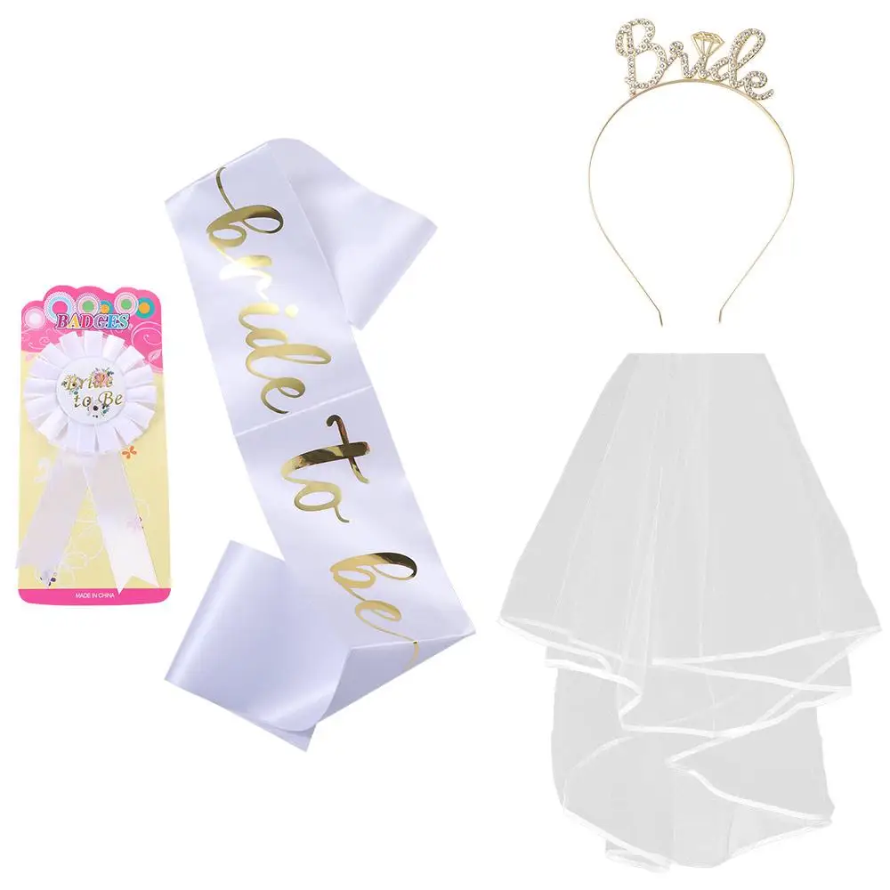 

4Pcs/set Badge Bride Shoulder Belt Veil Satin Sash Bridal Wedding Veil Double Bridal Veil Bride Hairband