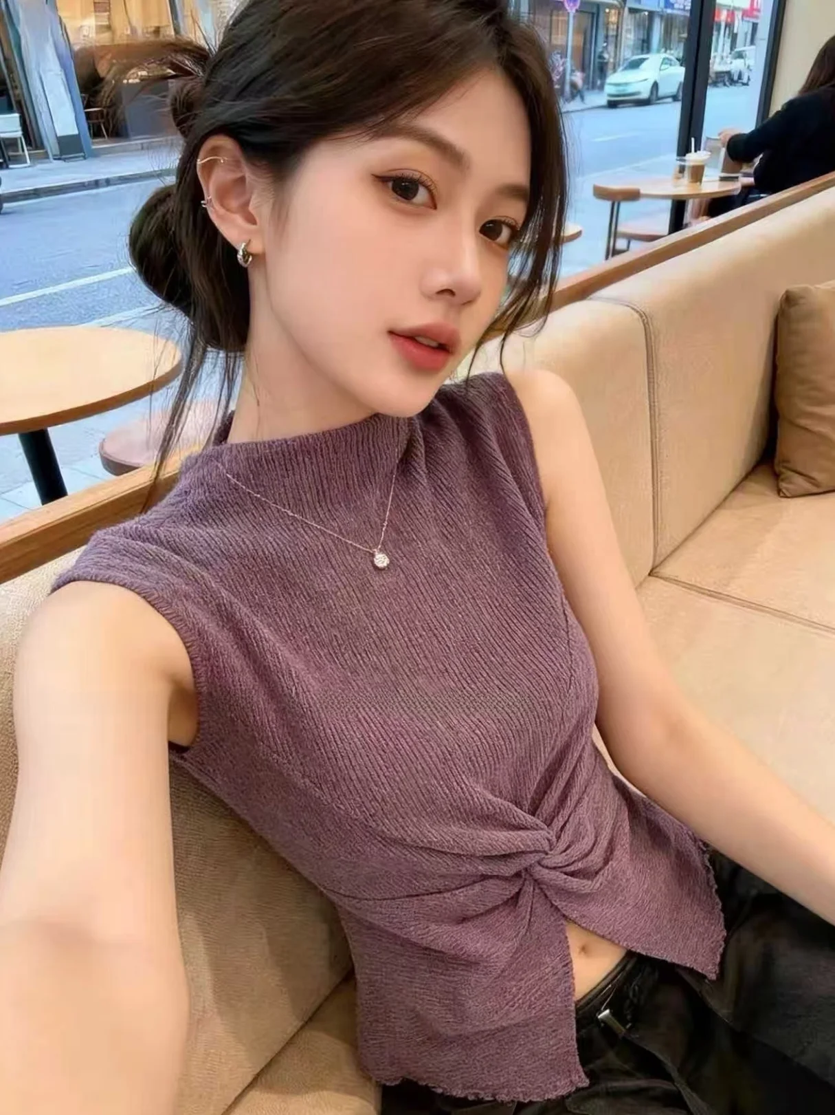 

Elegant Knot Half High Collar Sleeveless Vest Women's Summer Slimming Stylish Top Self-Keeping Advanced Feeling