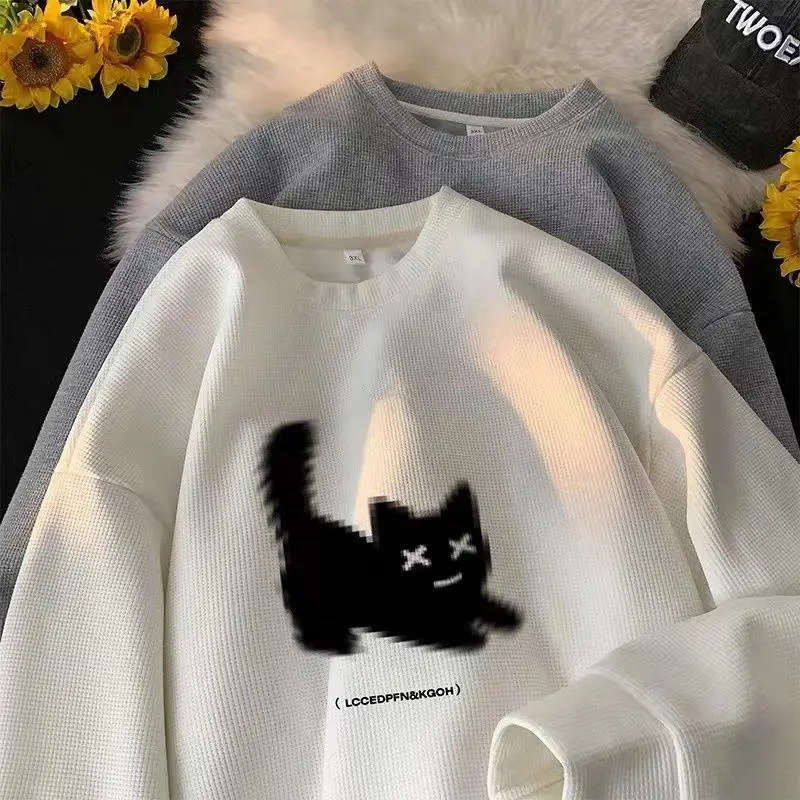 

American Fashion Men Sweatshirt Personalized Waffle Cotton Cat Print Retro O-Neck Sweater Couple Casual Long Sleeve Top Harajuku