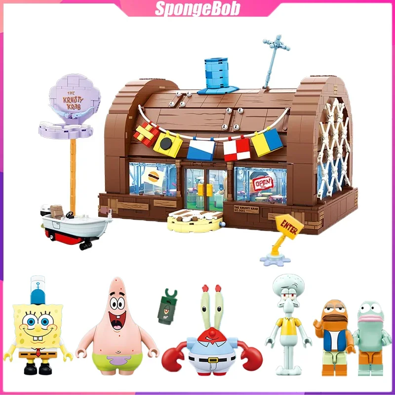 Sembo SpongeBob SquarePants Building Blocks Krusty Krab เดสก์ท็อปตกแต่งปริศนาประกอบของเล่นของขวัญวันเกิดสําหรับเด็ก