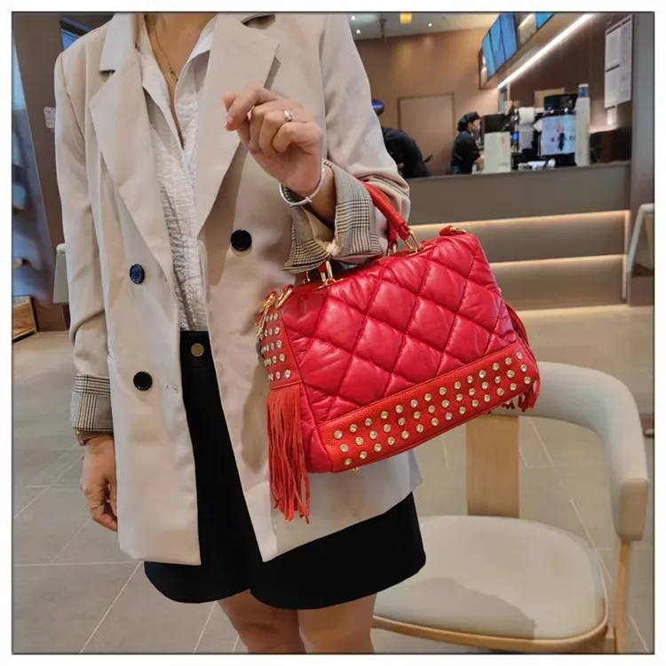 Soft Red Leather Women's Handbags Female Luxury Fashion Tassels Diamonds Rivet Bag Single Shoulder Crossbody Bags 2024 New