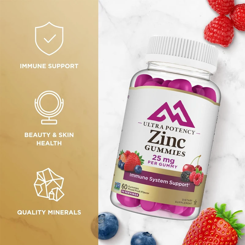 

Zinc 60 Gummies Adult Vitamin Contains 25mg Super Effective Zinc Citrate for Immune Support - Mixed Fruit Flavor 2g Sugar