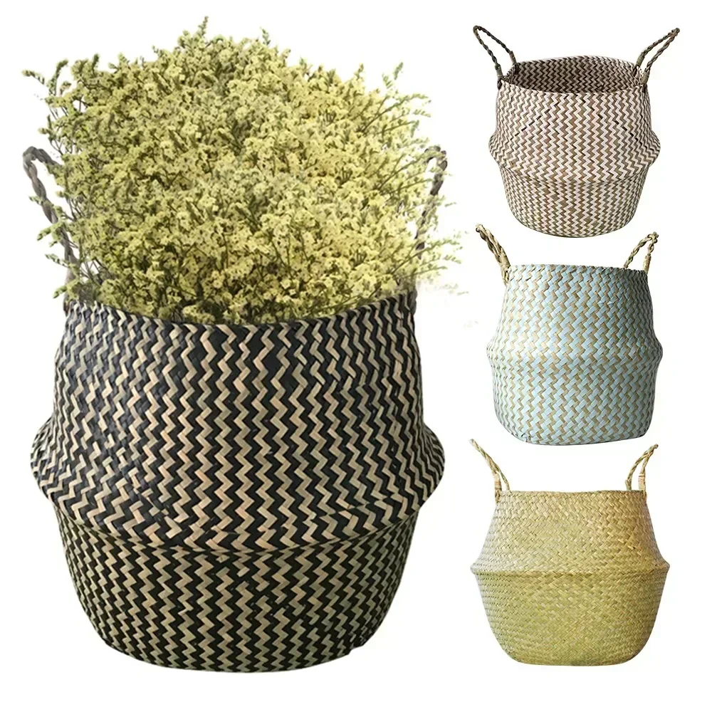 New 1pc Foldable Handmade Rattan Woven Flower Basket Seagrass Clothing Storage Basket Home Decoration Flower Basket