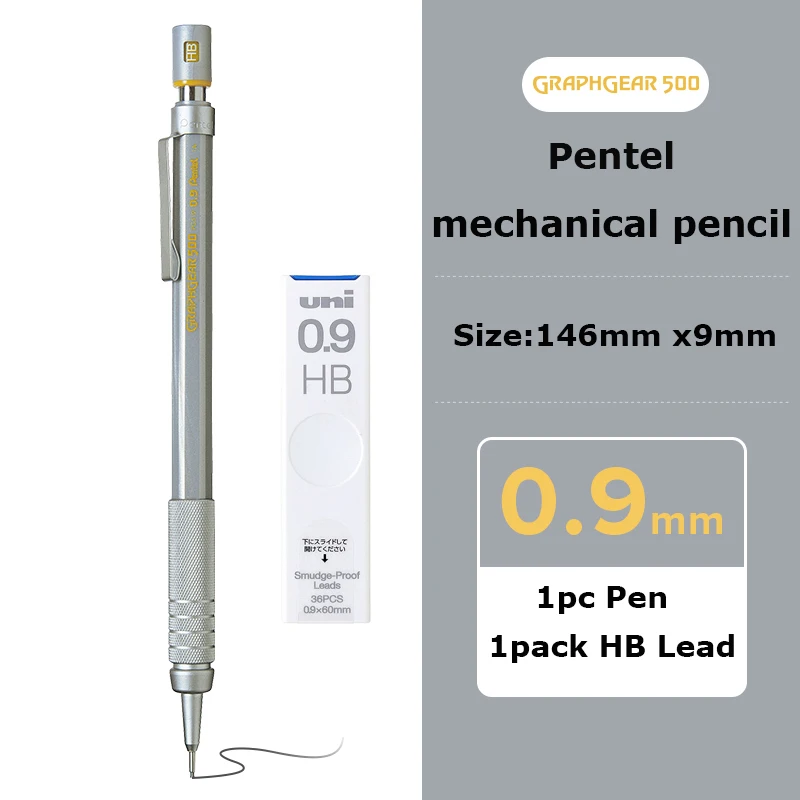 Pentel Graphgear 500 Drafting Druckbleistift Japan Briefpapier 0,3/0,5/0,7/0,9 mm Zeichnung Automatischer Bleistift Eingebauter Radiergummi