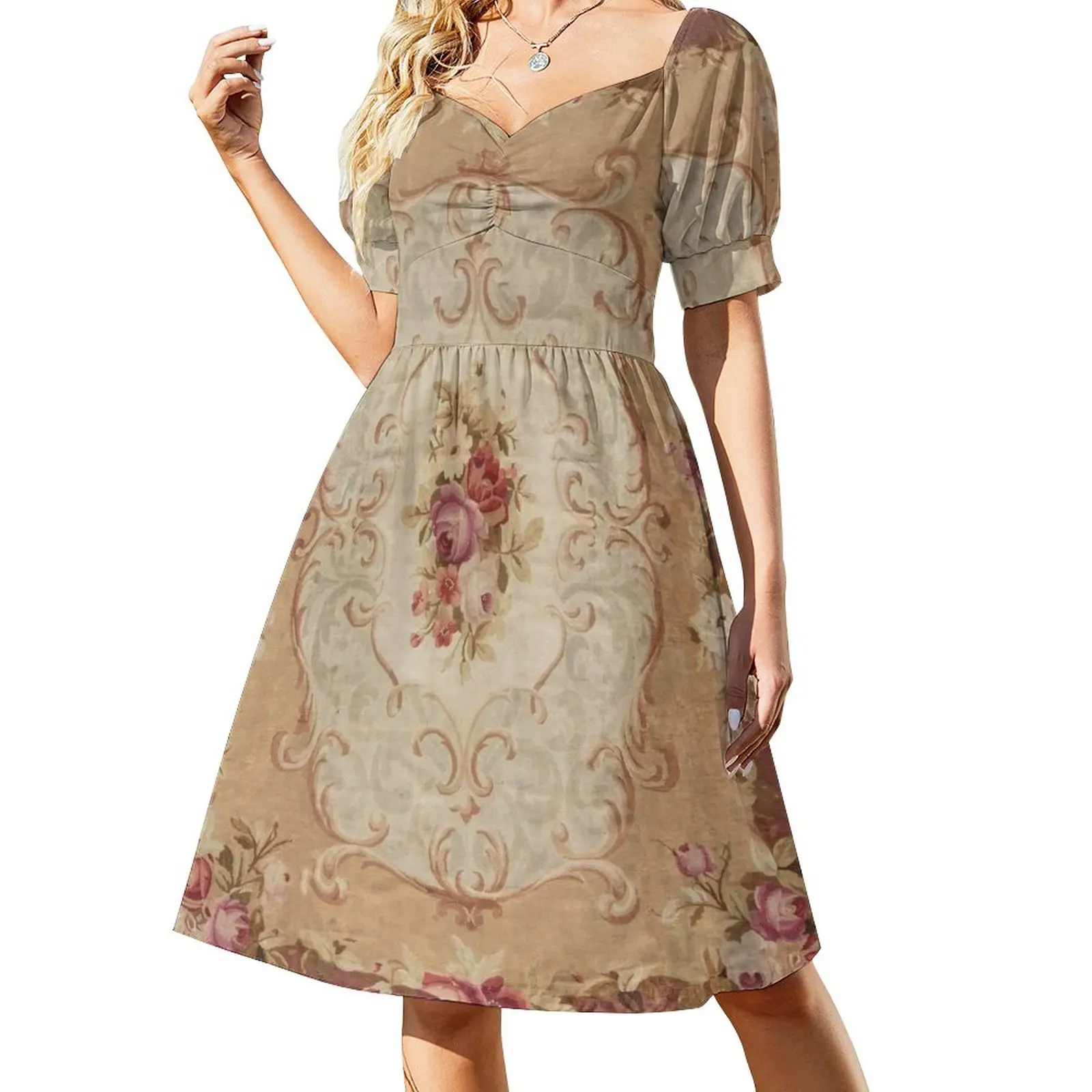 Antique Rose Floral French Aubusson Rug Print Sleeveless Dress women long dresses women's evening dresses