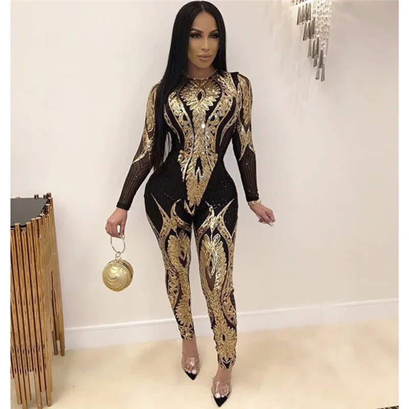 Sexy Luxury Sparkly Sequin Bodycon Jumpsuit Women Elegant Long Sleeve Mesh See Through Skinny Rompers Party One Piece Overalls