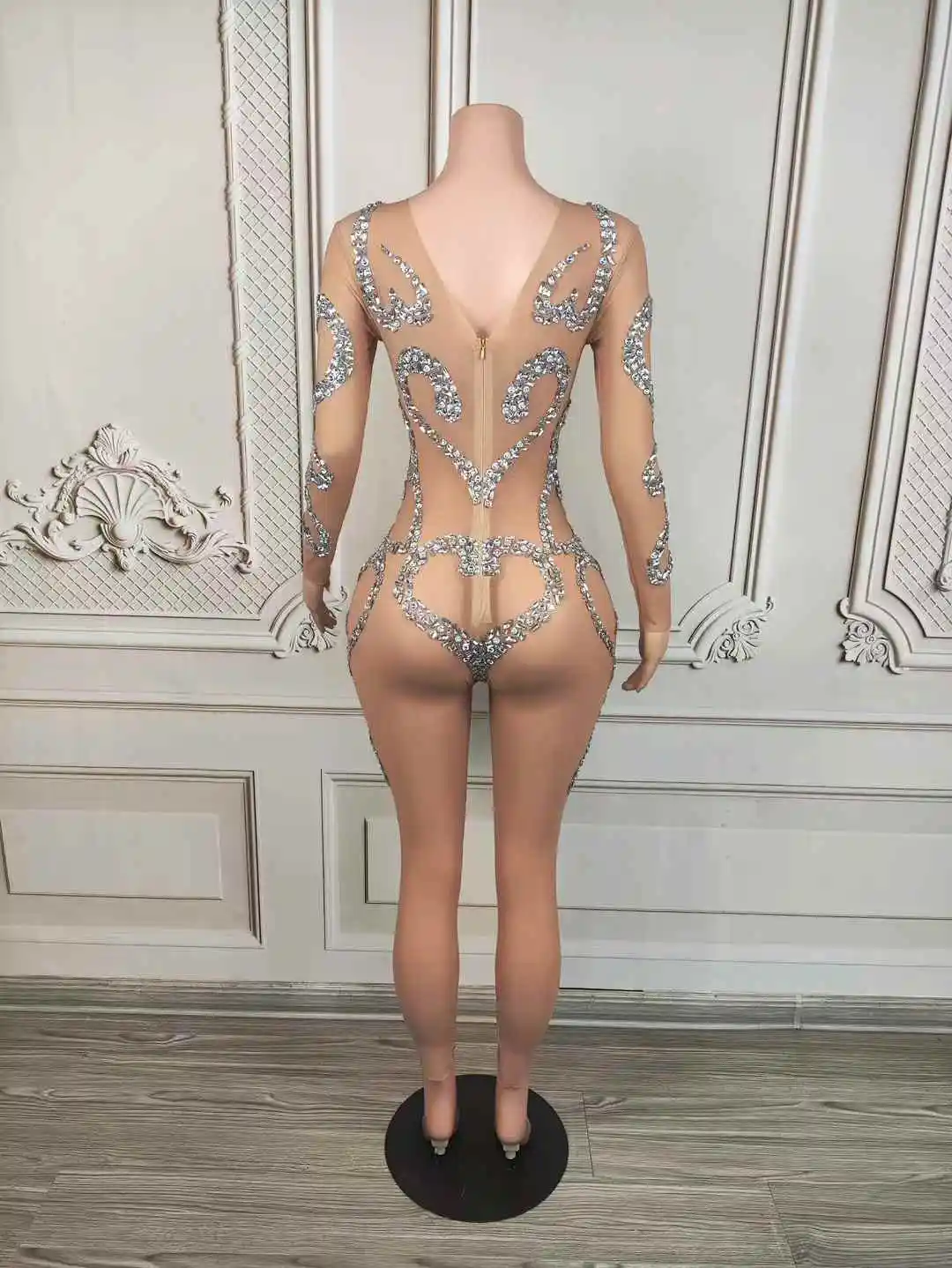 Sparkly Rhinestones ดูผ่านตาข่าย Jumpsuit ผู้หญิงเซ็กซี่ชุดราตรีชุดวันเกิดประสิทธิภาพถ่ายภาพเครื่องแต่งกายสวมใส่