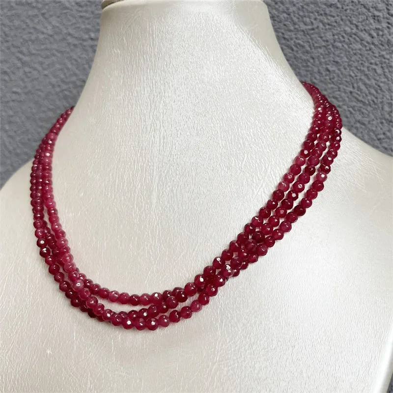 4*4MM Faceted Round Red Ruby Jade Necklace 1/3/6Strands Adjustable Multilayer Bead Chain Choker for Prom Gift