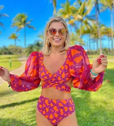High Waist Bikini 2025 New Long Sleeve Sleeve Swimsuit Off-Shoulder Swimwear Women Bubble Sleeve Bikinis Sexy Mesh Beach Wear