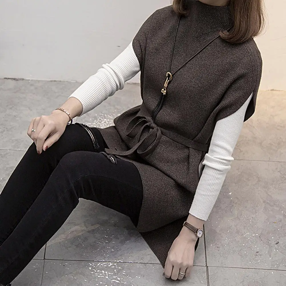 Women Sweater Vest Women\'s Turtleneck Sweater Vest Pullover Winter Knitted Dress Loose-Fitting Waistcoat Loose Dress Female Tops