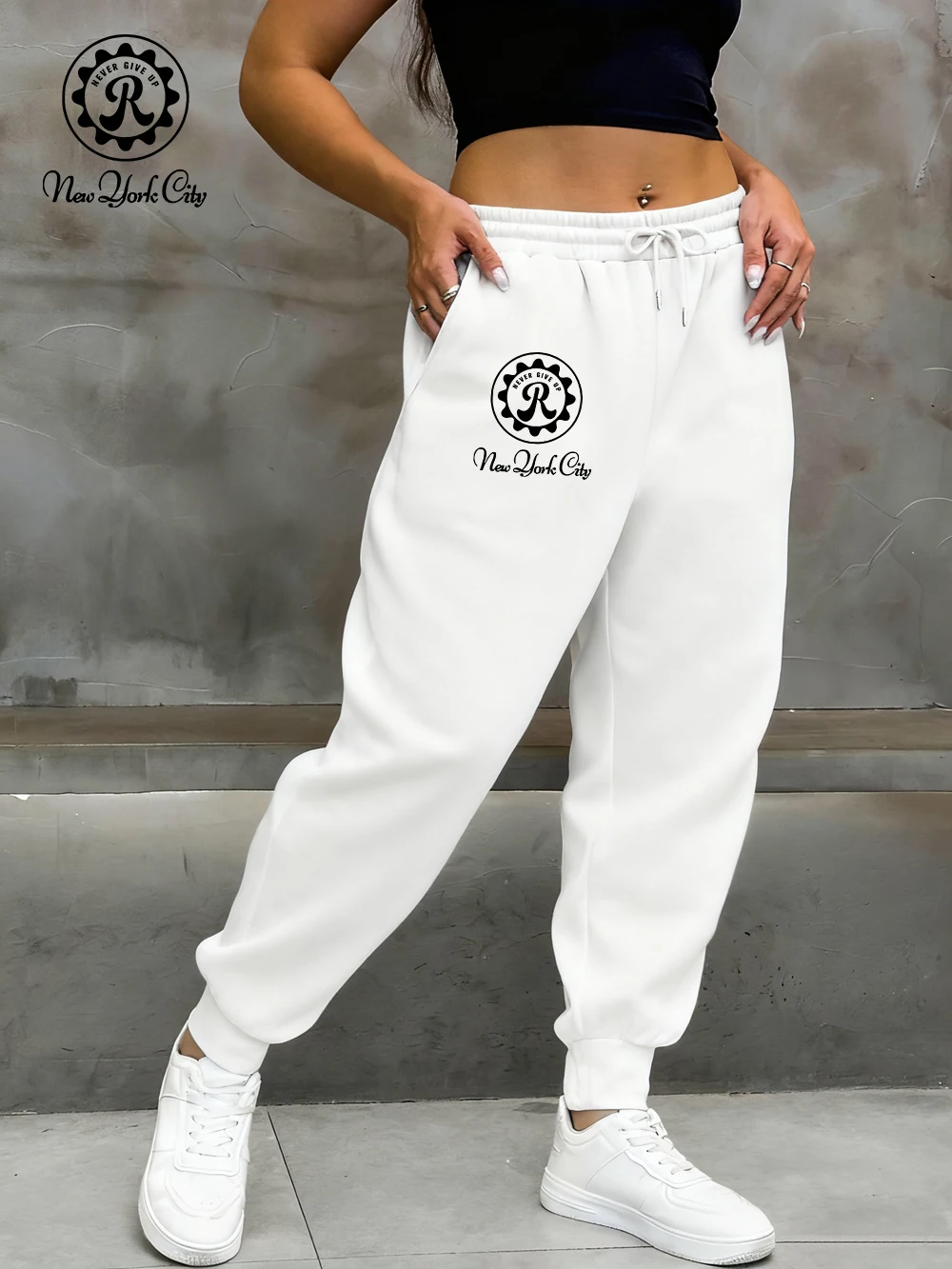 Never Give Up New York City Stampa Pantaloni sportivi Donna Casual Pantaloni in pile Pantaloni larghi con tasca elastica in vita Abiti autunnali