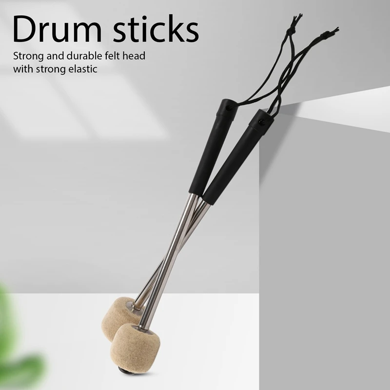 2 buah Bass Drum Mallet merasa kepala perkusi Mallet Timpani tongkat dengan pegangan baja tahan karat, putih