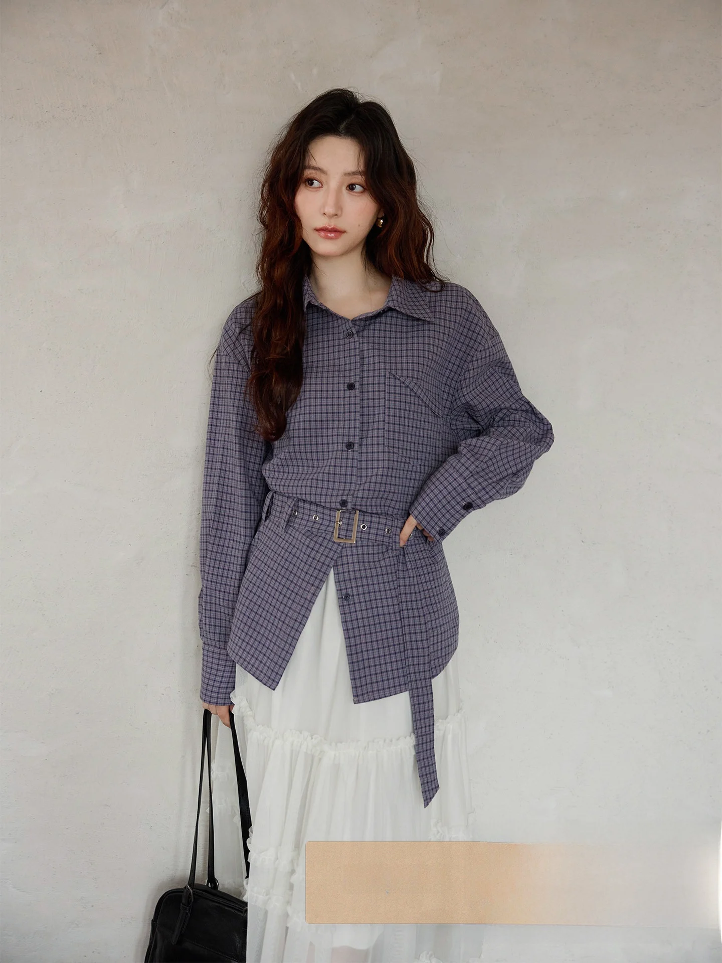 

Spring 2026 Ximen Korean Style Plaid Shirt Unique Design Small Size Purple Checkered Top Commute Style Loose Fit Long Sleeve
