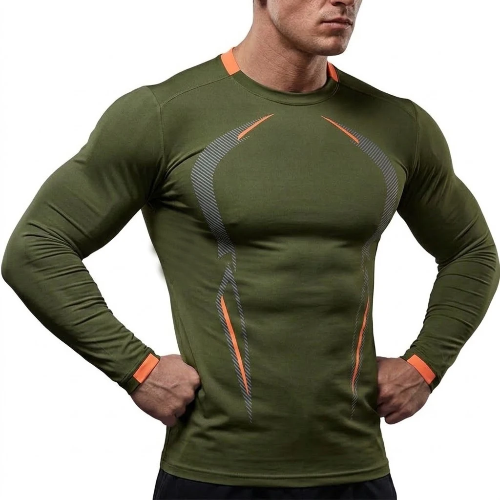 Mens Long Sleeve Shirt Quick Dry Sporty Gym Workout Tee Tight Slim Fit Running Athletic Breathable Bodybuilding Activewear