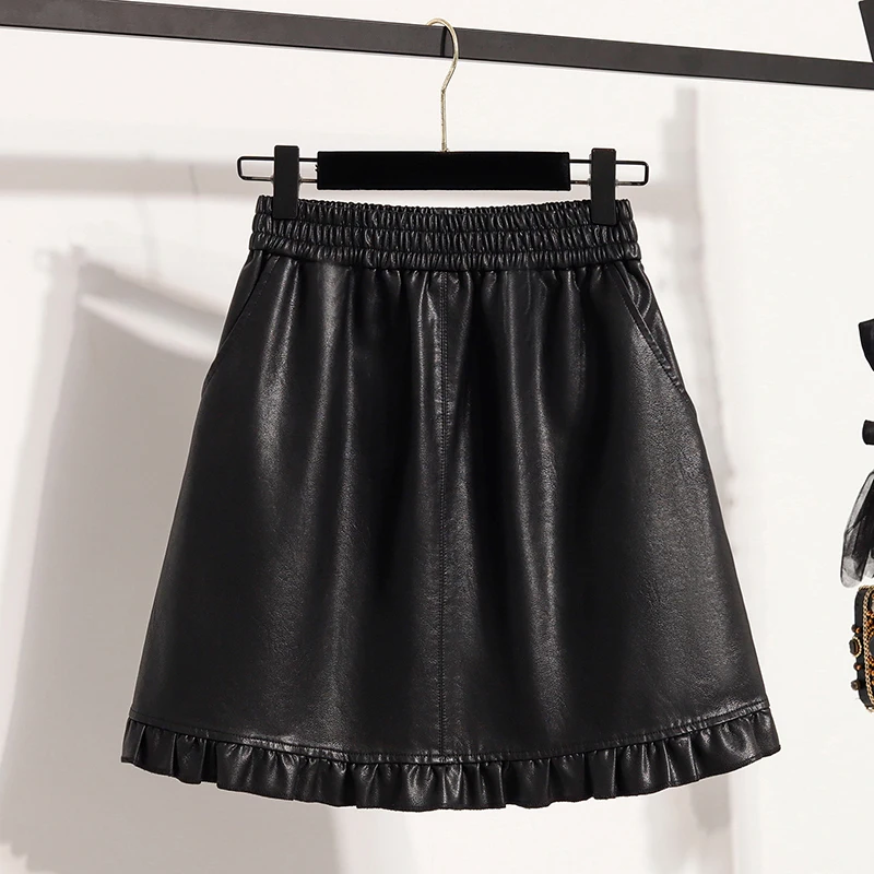 

Women's Elastic Waist Pu Leather Skirt Autumn Winter Solid Simple Style Skirts Fashionable Loose A-line Ruffled Mini Skirt
