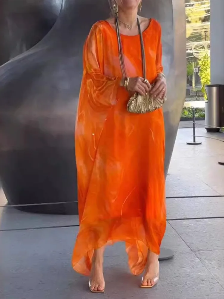 Women Elegantย Bat Sleeved Loose Party Dress Summer Chiffon Printed Marble Leisure Robe Round Neck Fashionable Vacation Dresses