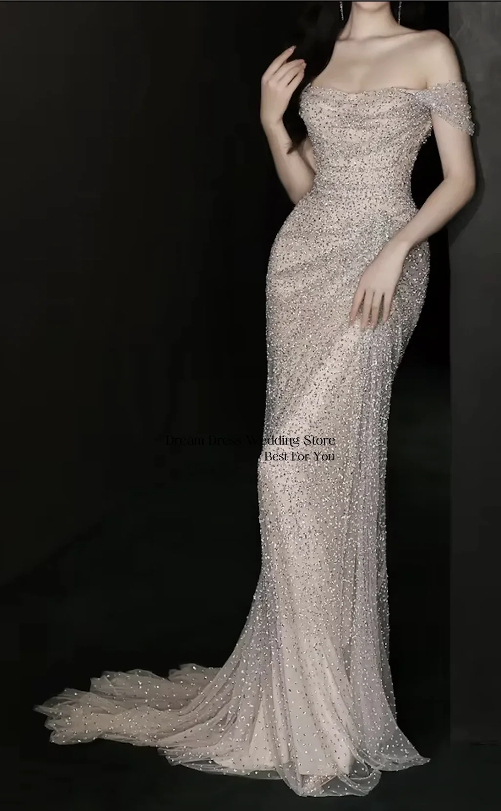DREAM custom sequin dress wedding dress off the shoulder floor length skirt luxurious mermaid wedding party dress
