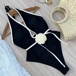 3D Flower Solid One Piece Swimsuit Women Black/White Swimwear Sexy Deep V Neck Swimming Suit Backless  Bathing Suit for Women