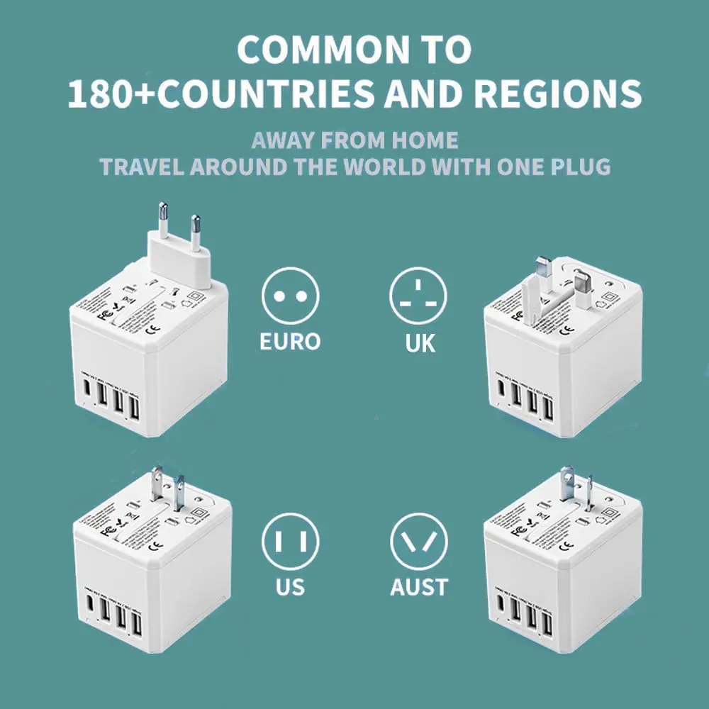 Travel Power Adapter with 3 USB A 1 USB C Portable Quiet Travel Voltage Converter for Hairdryer Phone Camera Watch for US EU UK