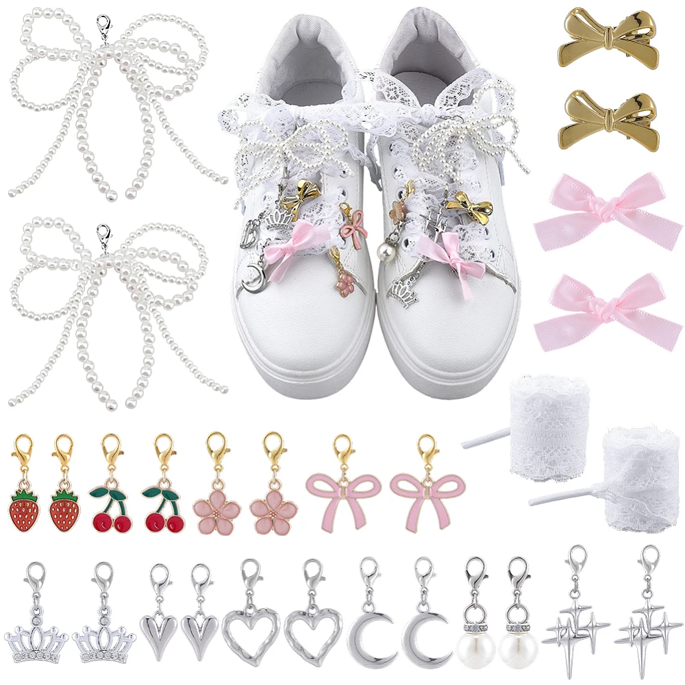 1 Box 22Pcs Alloy Shoe Charms Shoe Lace Charm Kit Metal Bows Bowknot Pins Pearl Lobster Clasps Decoration Jewelry Accessories