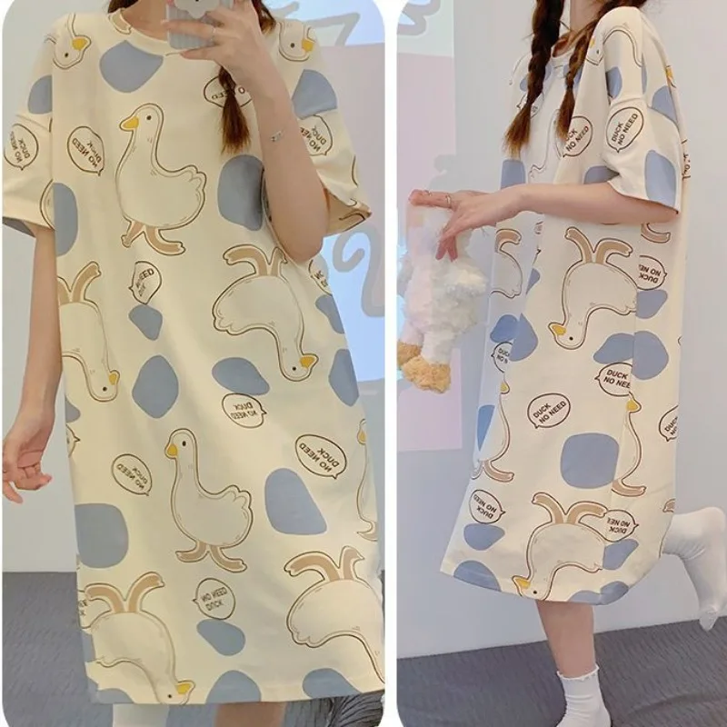 Frauen Sommer neue Nachthemd Mädchen japanische Cartoon Kurzarm mittellange Pyjamas lässig lose Schlaf hemden süße Dame Nachthemden