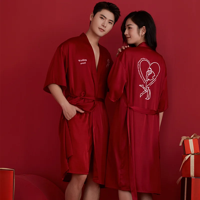 

Пара атласных шелковых халатов с короткими рукавами, свадебный халат, платье невесты и жениха, женская и мужская одежда, одежда для сна