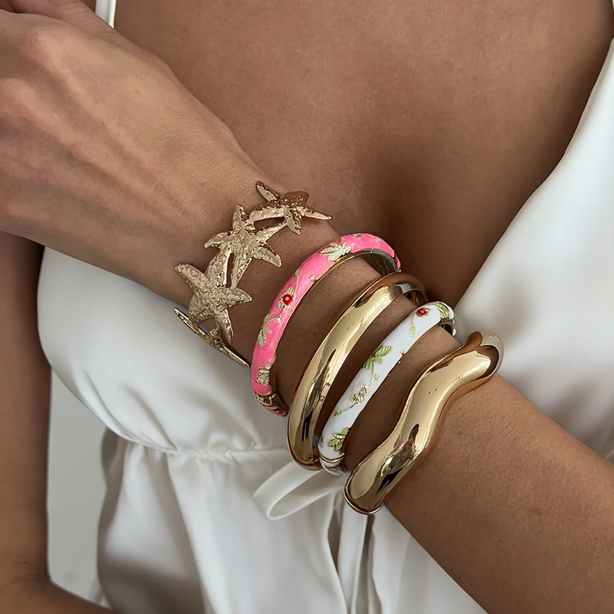 Open Bangle Floral Enamel Starfish Wave Pattern Liquid Effect for Women Daily Office Lightweight Alloy Rose Gold