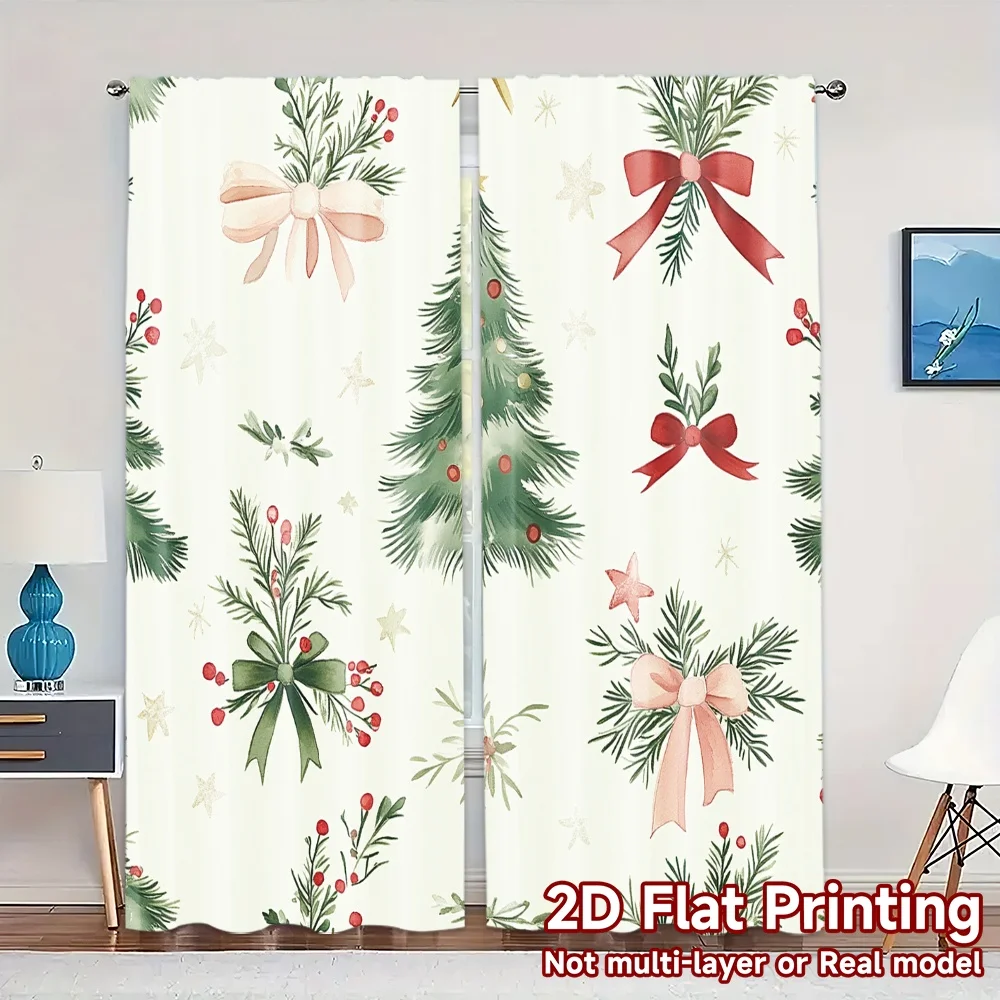 2pcs,Curtains Christmas Tree Holly Berries Bows (3) Chic Curtains&Window Treatment Polyester Easy Install Curtains Gifts Ldeal