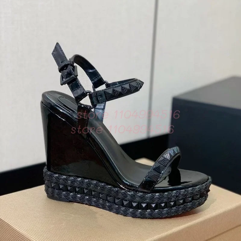 Pink Stud Wrap Belt Wedge Sandals Women Platform Open Toe Roman High Heels Round Buckle Strap Pumps Lady Hot Chick Party Shoes
