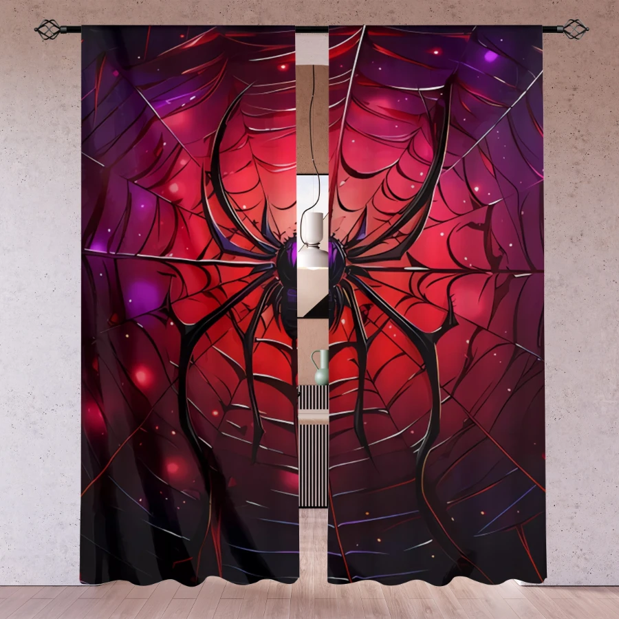 2PCS Digital Printed Curtains, Giant Red Purple Spider Glowing Web Neon, Cyberpunk Gothic Spooky Halloween Window Decor Room