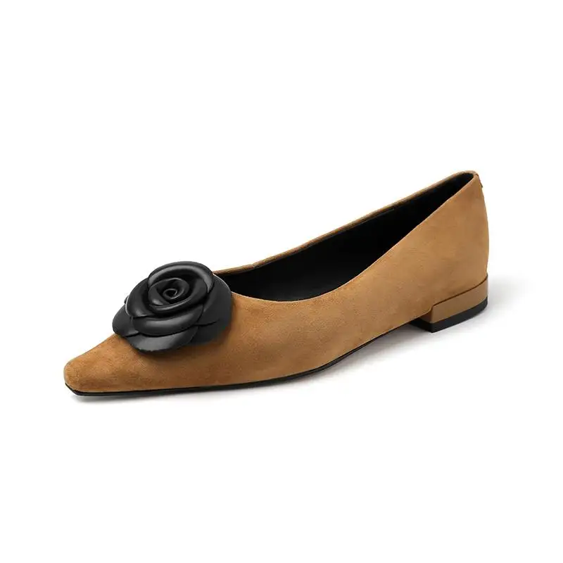 Krazing Pot Sheep Suede Pointed Toe Low Heels Summer Shoes Shallow Three Dimensional Flowers European Design Beauty Women Pumps