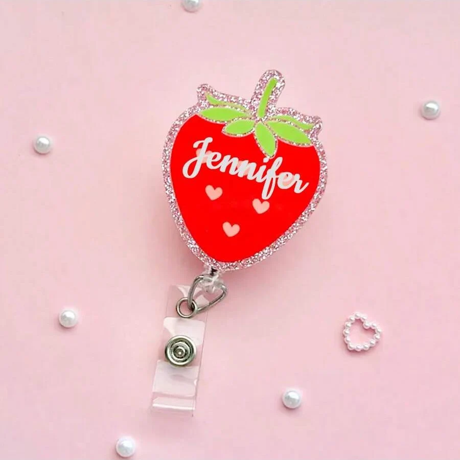 Personalized Strawberry Badge Reel, Custom ID Holder