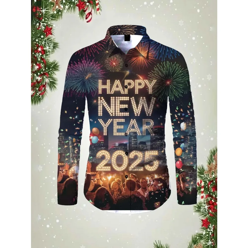 2025 Happy New Year Pattern 3D printed Men's long sleeved lapel shirt top spring autumn new fashion casual unisex clothing