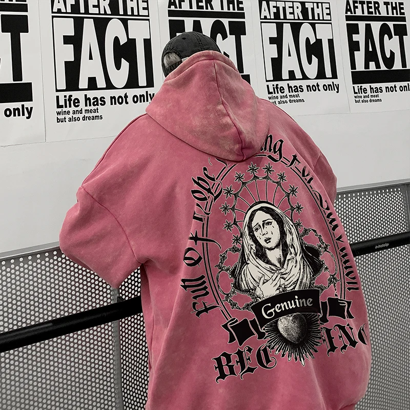 

Мужское худи Heavyweight High Street Vibe в американском ретро-стиле, цвет грязно-розовый, 600 г, полиэстер, свободный крой, повседневная куртка