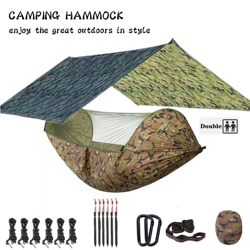 Camping Hammock with Mosquito Net and 118x118in Rain Fly Tarp,6-ring Tree Strap Hammocks Swing for Backpacking, Survival,Travel