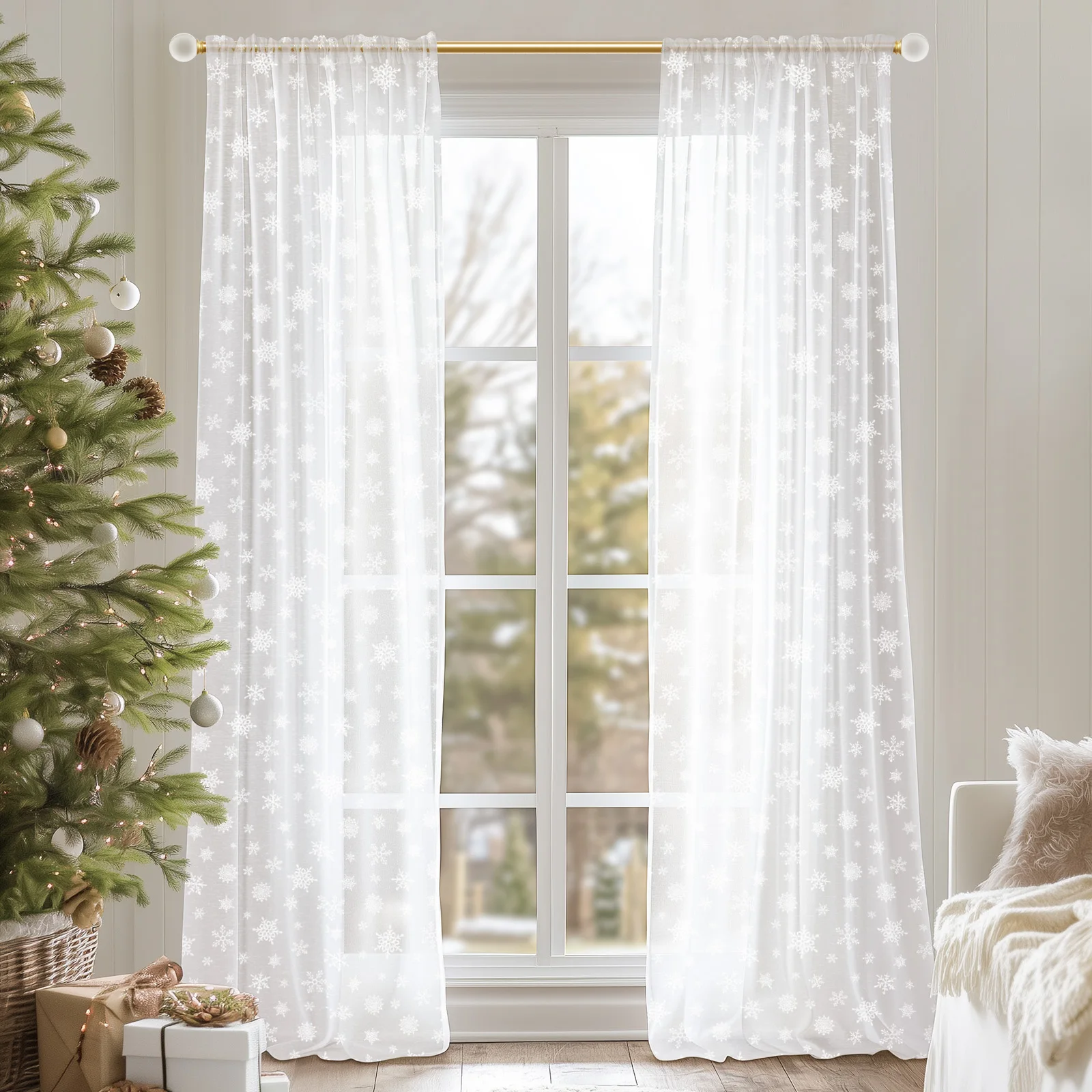 JINCHAN Christmas Snowflake Curtains For Living Room Bedroom White Sheer Snow Window Curtain Rod Pocket Winter Curtain Decor