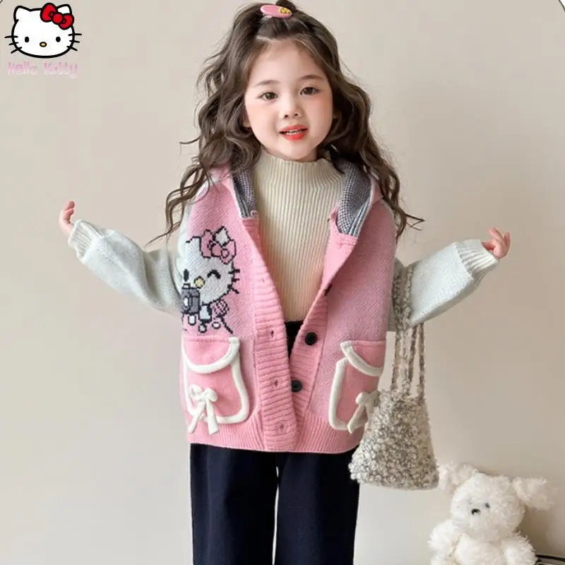 الأطفال الكرتون القط مقنعين معطف سميك Kawaii الخريف الشتاء جديد أنيمي سترة الفتيات سترة مشغولة من الصوف بلوزات الكورية الموضة #1