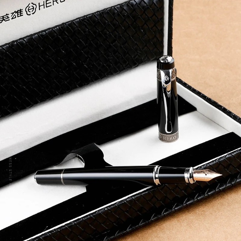 Hero 100 12K Gold Nib Black Emperor Authentic Fine Nib Fountain Pen Silver Trim Office School Writing Tool Gift Box Accessory