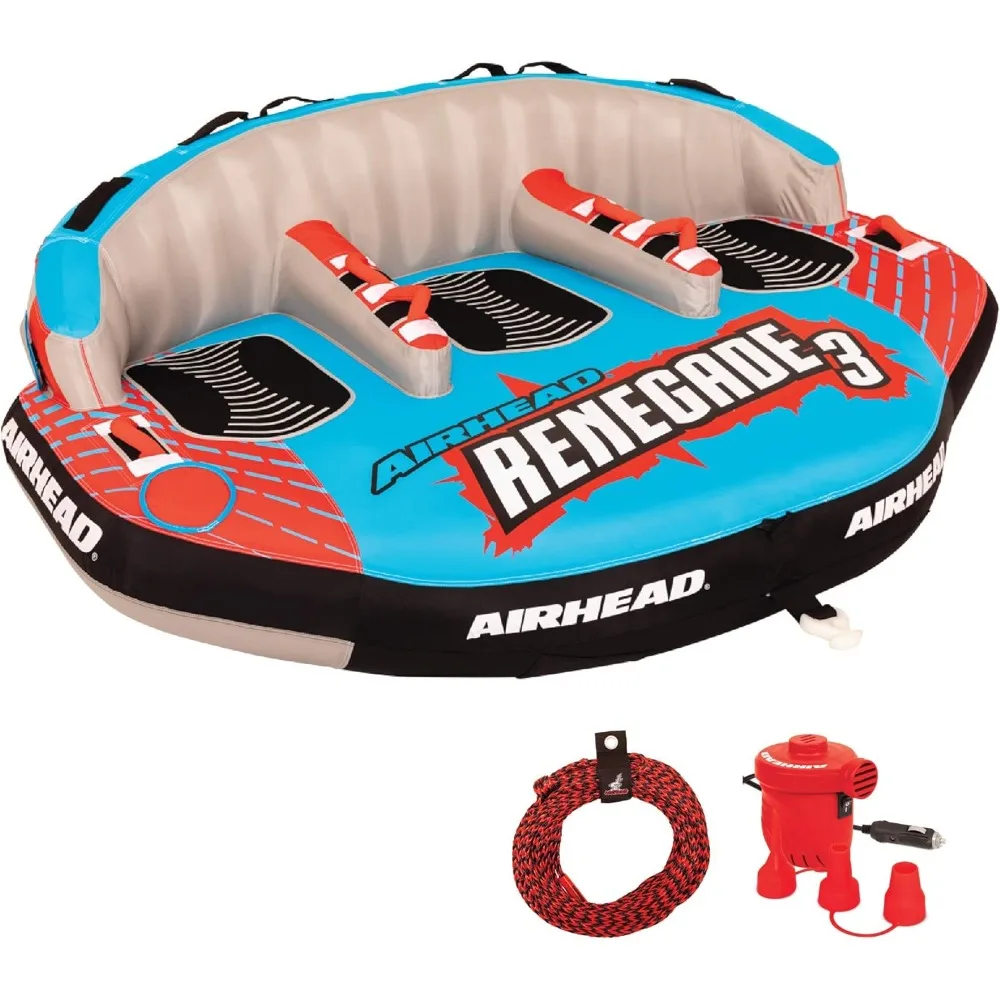 

Renegade Big 3 Person Inflatable Towable Water Tube Seat Rider Boating Tubing Kit with Boat Pull Rope and Pump for Kids