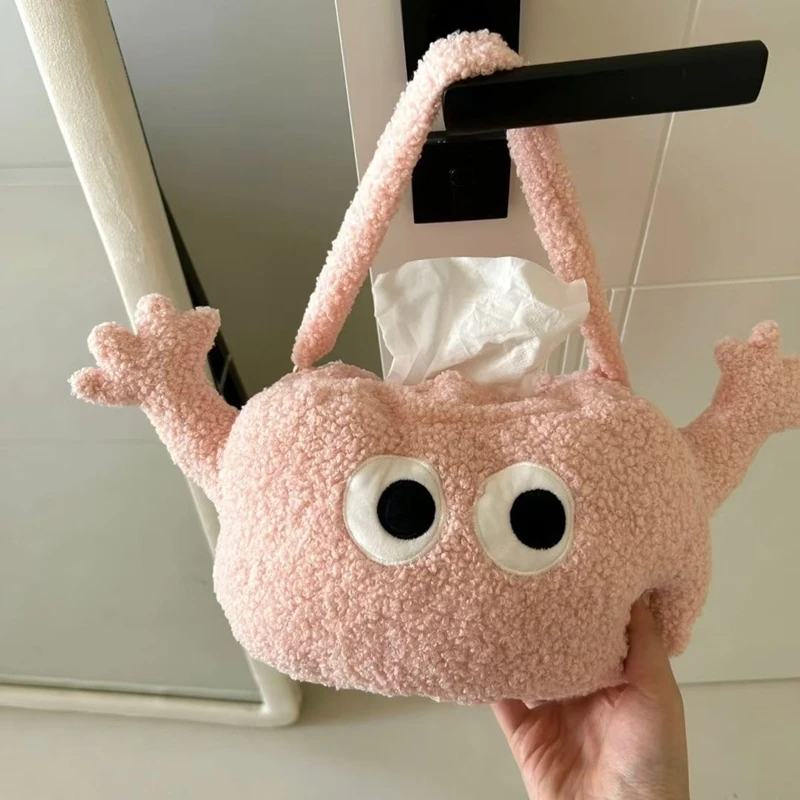

Modern Hangable Car Tissue Bag Raise Hand Cute Plush Tissue Box Niche Design Black Hand-held Fabric Paper Bag Tissue Boxes