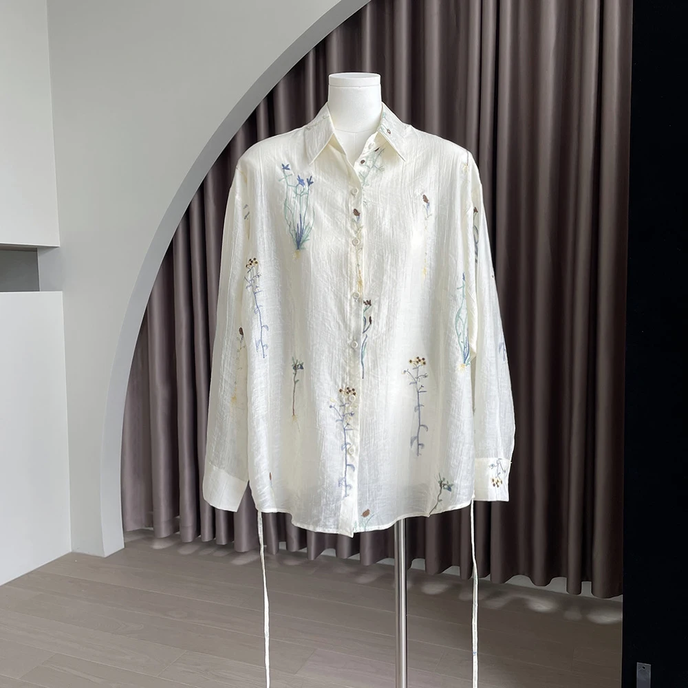

Causal Women's Ice Silk Shirt Spring Summer High Quality Long Sleeved Single Breasted Versatile Lace Up Embroidery Design Top