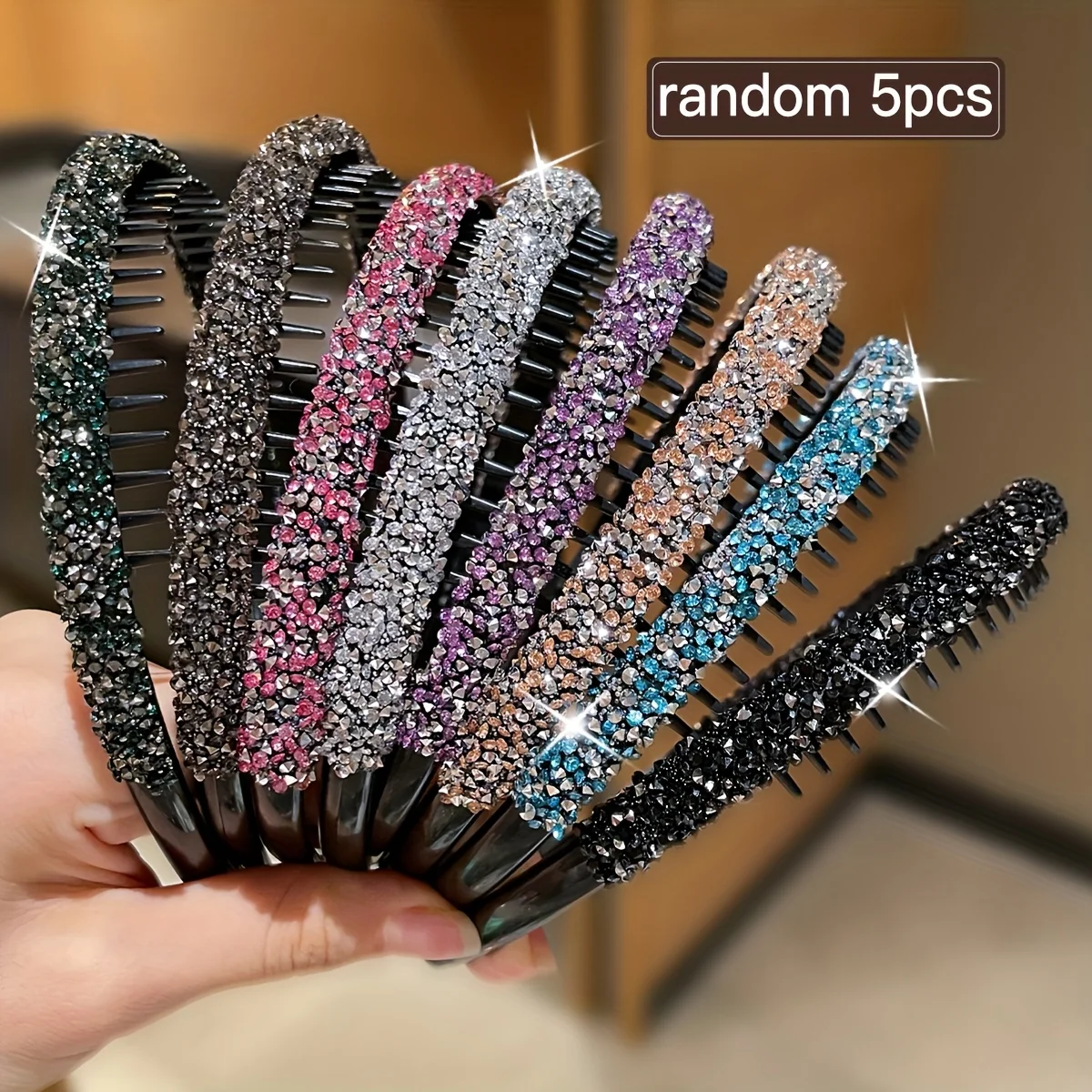 5 Stück zufälliges mehrfarbiges Strass-Stirnband mit vollem Diamant und gezahntem Stirnband, leichtes Luxus- und High-End-Haar-Accessoire