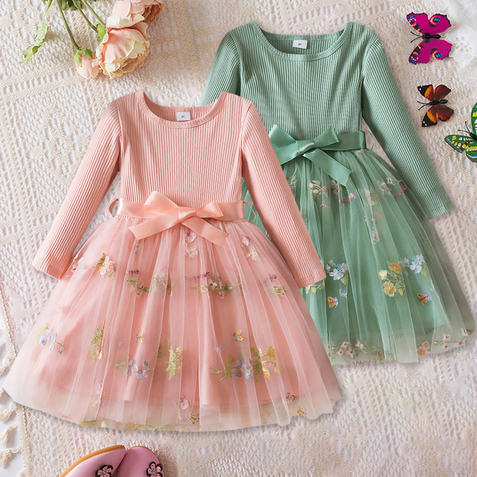 

Kids Autumn Clothes for Long Sleeves 2024 New Children's Floral Party Winter Mesh Dresses for Girls 1-5Y Baby Casual Costume