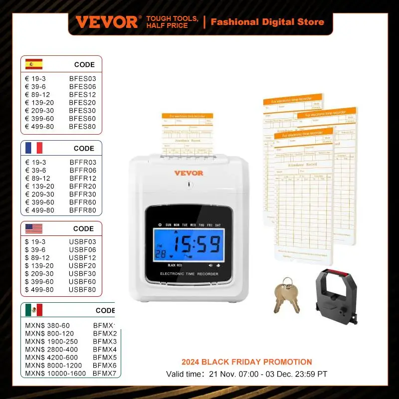 VEVOR Punch Time Clock Time Clocks for Employees 6 Punches/Day Time Clock Include 102 Time Cards 1 Ink Ribbon & 2 Security Keys