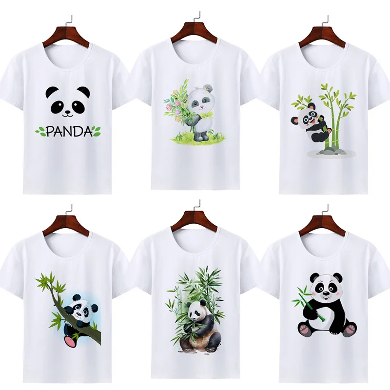 Cute Panda Cartoon Boys and Girls T-shirt Summer Round Neck Cat Short Sleeve Top Parent-child  Kids Clothes