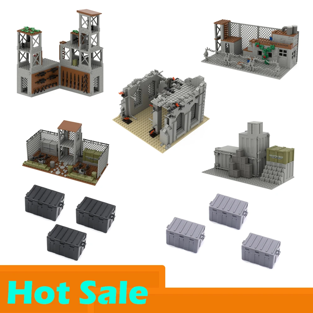 MOC WW2 Military Base DIY Scenes Building Blocks Abandoned Ruined Army Buildings Set Parts for Soldier Figures Kids Toys