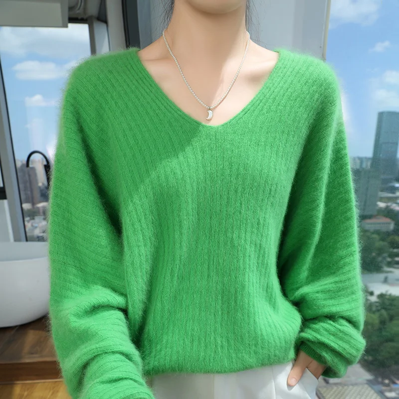 New Autumn Winter 100% Mink Cashmere Women's Sweater V-Neck Knit Warm Pullover Female Long Sleeve Large Size Shirt All Match