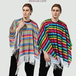 Rainbow Stripted Mexican Poncho Costume Cosplay Festival Party Adult Mexican Ethnic Folk Cape Shawl Halloween Holiday Hawaii